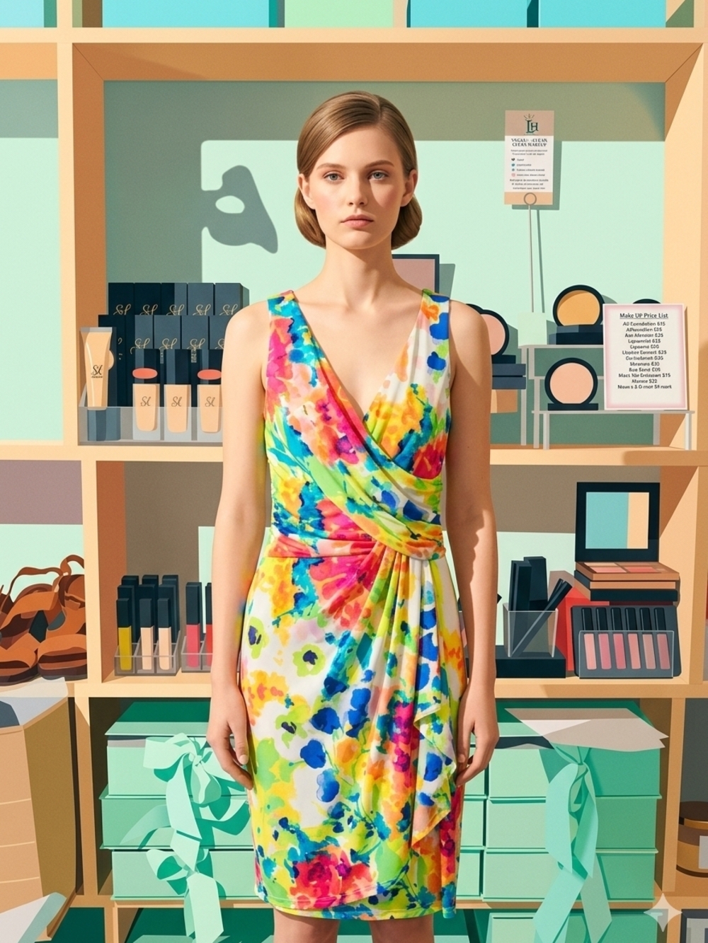Chaps Multicolor Floral V-Neck Wrap Midi Dress